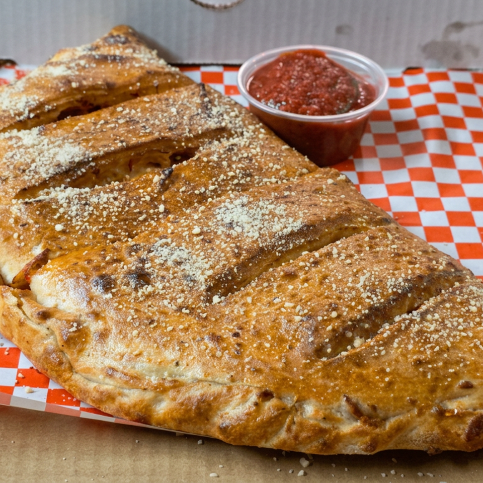 Golden baked calzone sprinkled with cheese and herbs, served with tomato dipping sauce on red-and-white checkered paper.