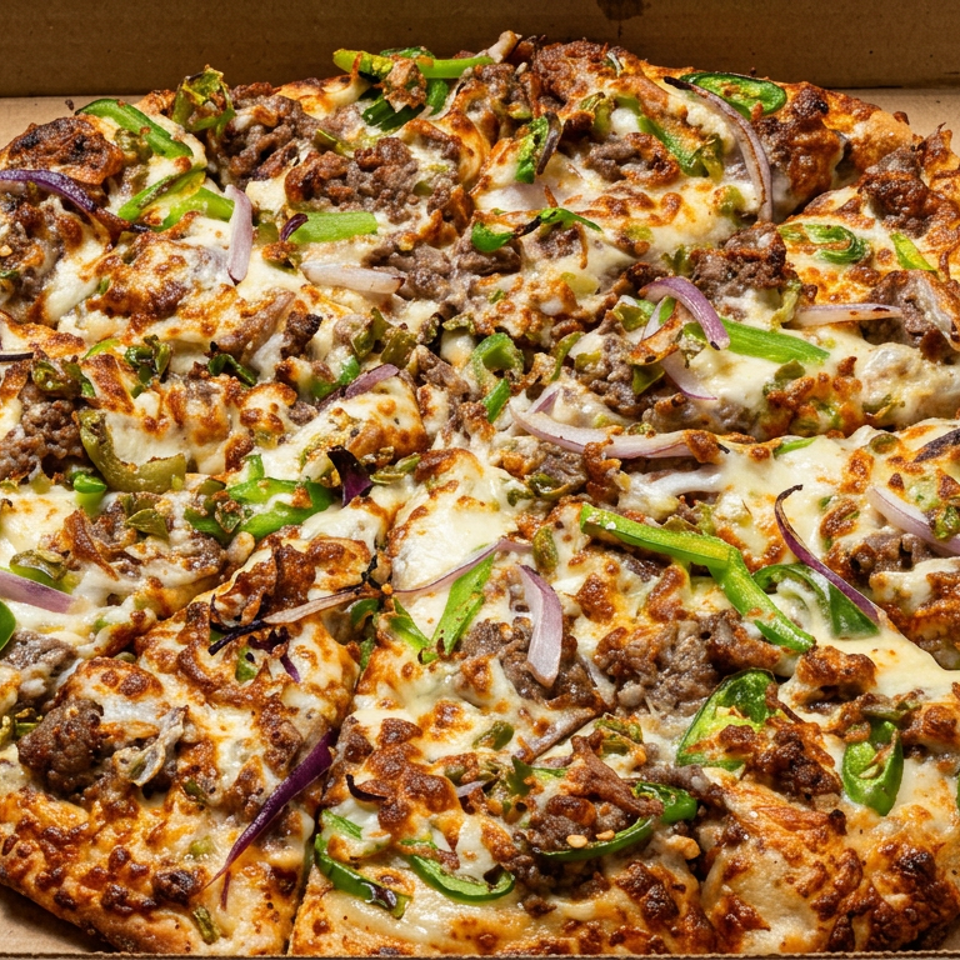 Large cheesy pizza topped with ground beef, green peppers, jalapeños, and red onions in a cardboard box.