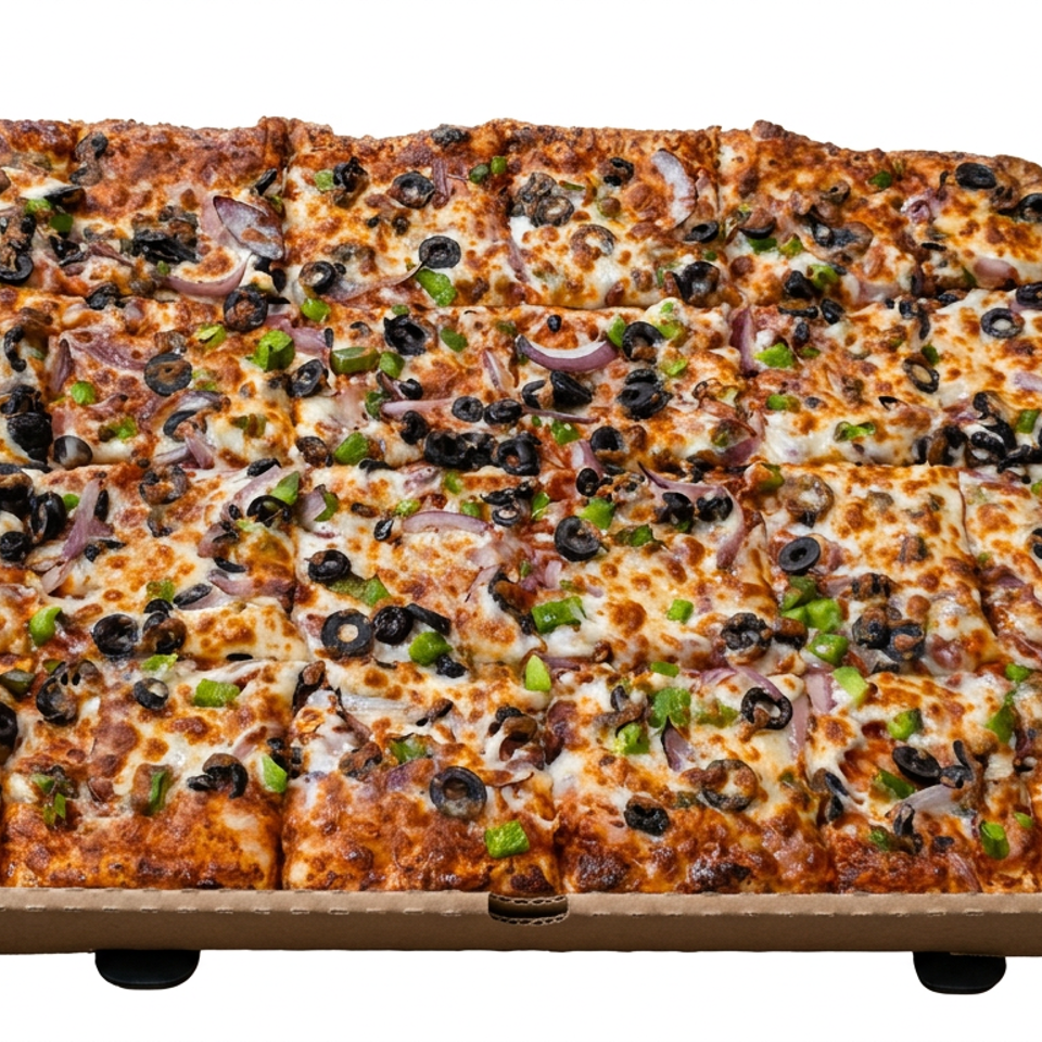Rectangular pizza topped with melted cheese, black olives, green peppers, red onions, and ham in a cardboard box.