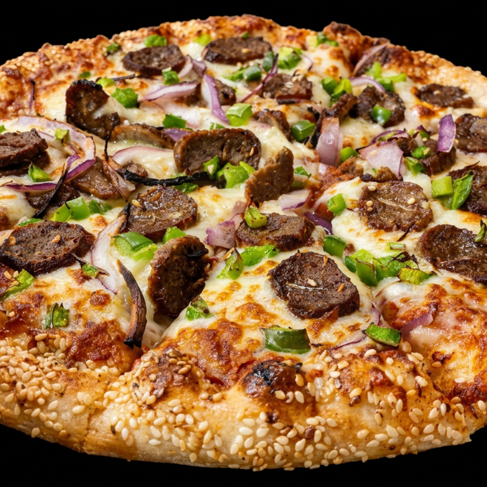 Round sesame-crusted pizza topped with melted cheese, sliced sausage, green peppers, and red onions against a black background.