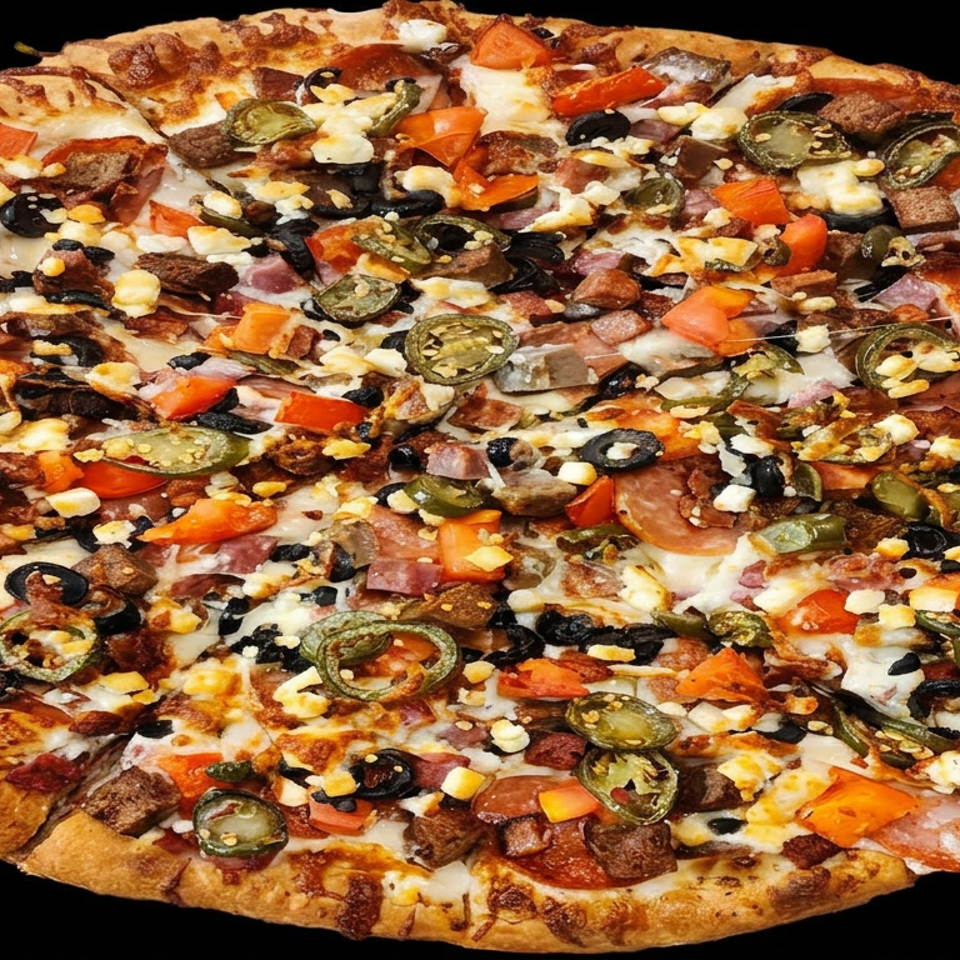Large thin-crust pizza topped with melted cheese, pepperoni, sausage, ham, black olives, jalapeños, tomatoes, and corn on a black background.