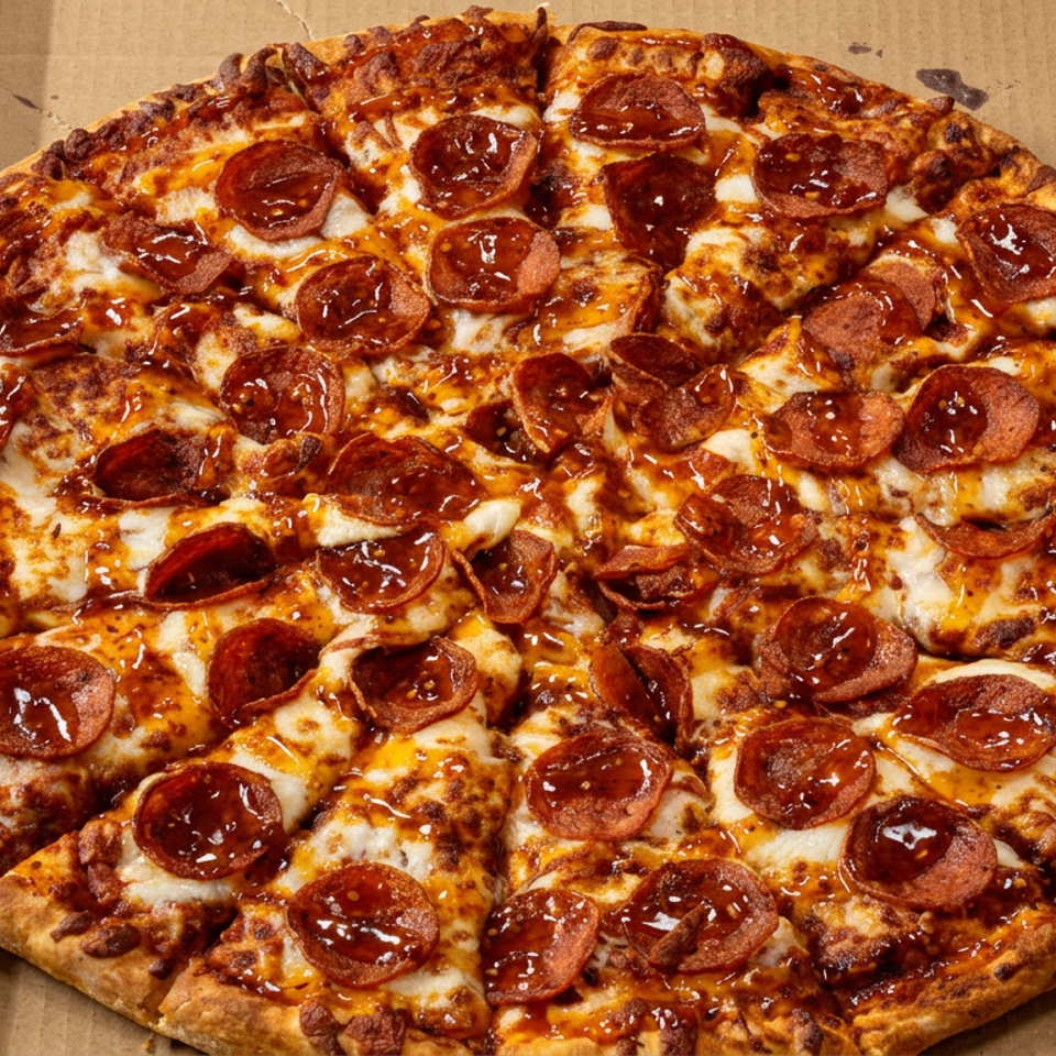 Large round pepperoni pizza with melted cheese and browned crust resting in an open cardboard box.