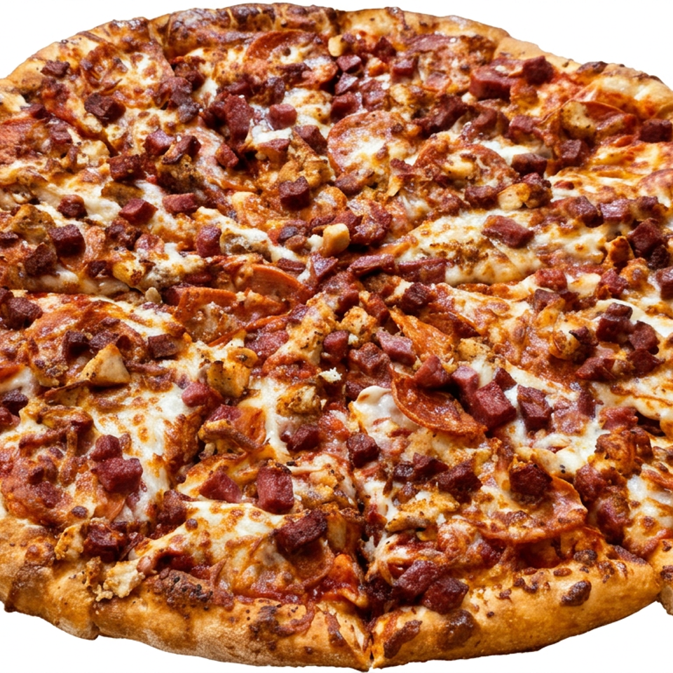 Large round pizza topped with melted cheese, pepperoni, sausage, diced meat, and a golden-brown crust.