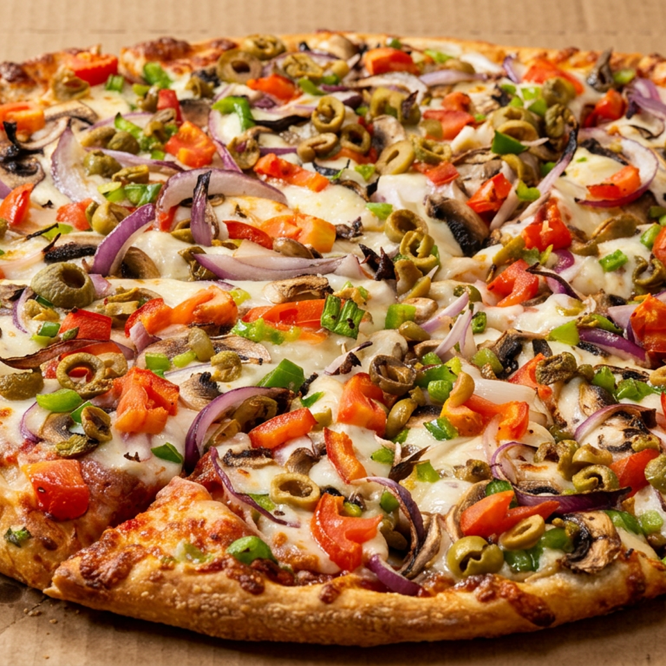 Large cheese pizza topped with green olives, mushrooms, red and green peppers, tomatoes, and red onions in a cardboard box.