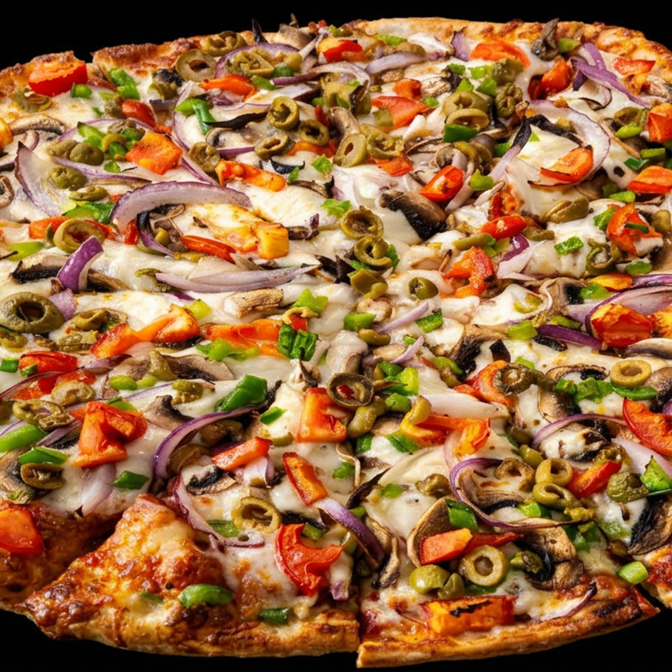 Large vegetarian pizza topped with mushrooms, olives, peppers, onions, and melted cheese against a black background.