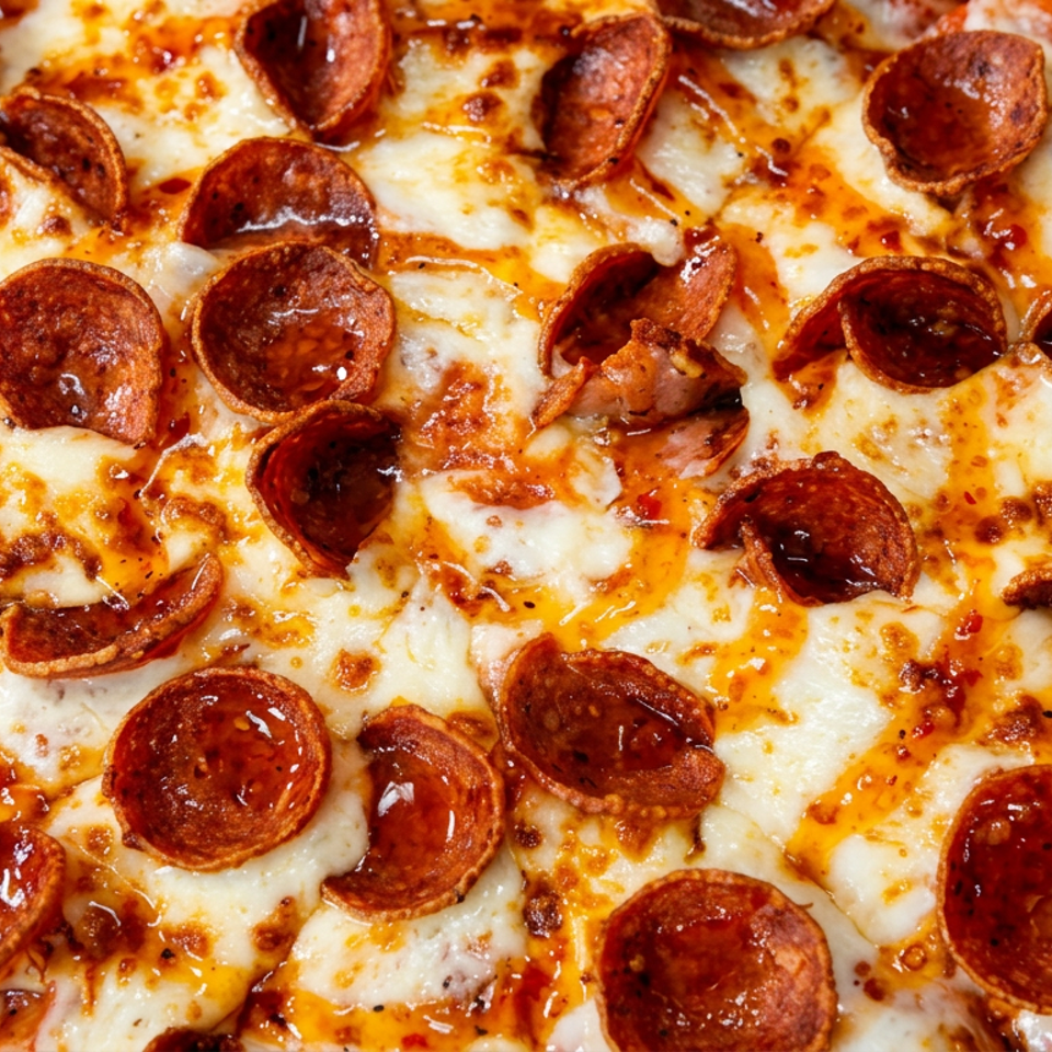 Close-up of a cheesy pepperoni pizza with browned mozzarella, crispy pepperoni cups, and a golden crust.