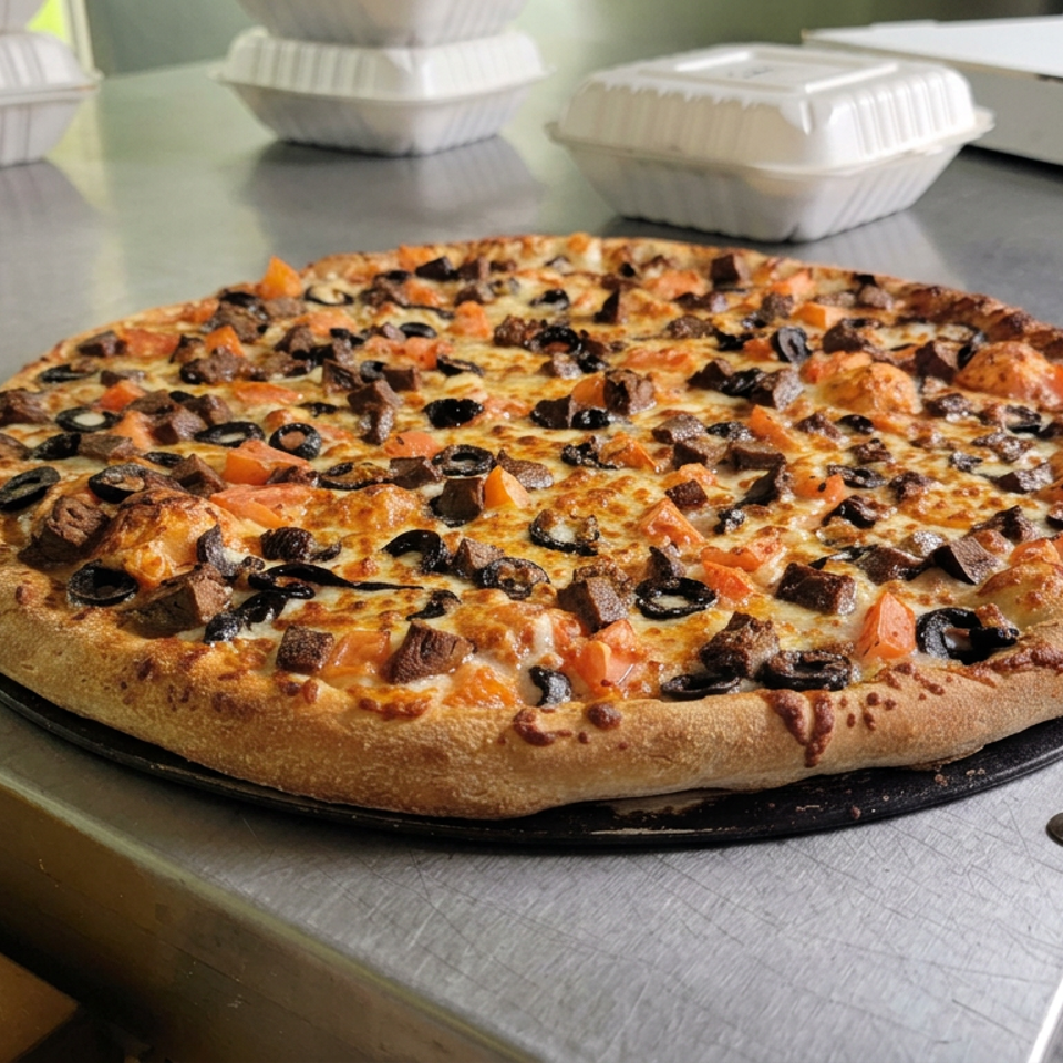 Large freshly baked pizza topped with melted cheese, black olives, mushrooms, diced tomatoes, and sausage on a restaurant counter.