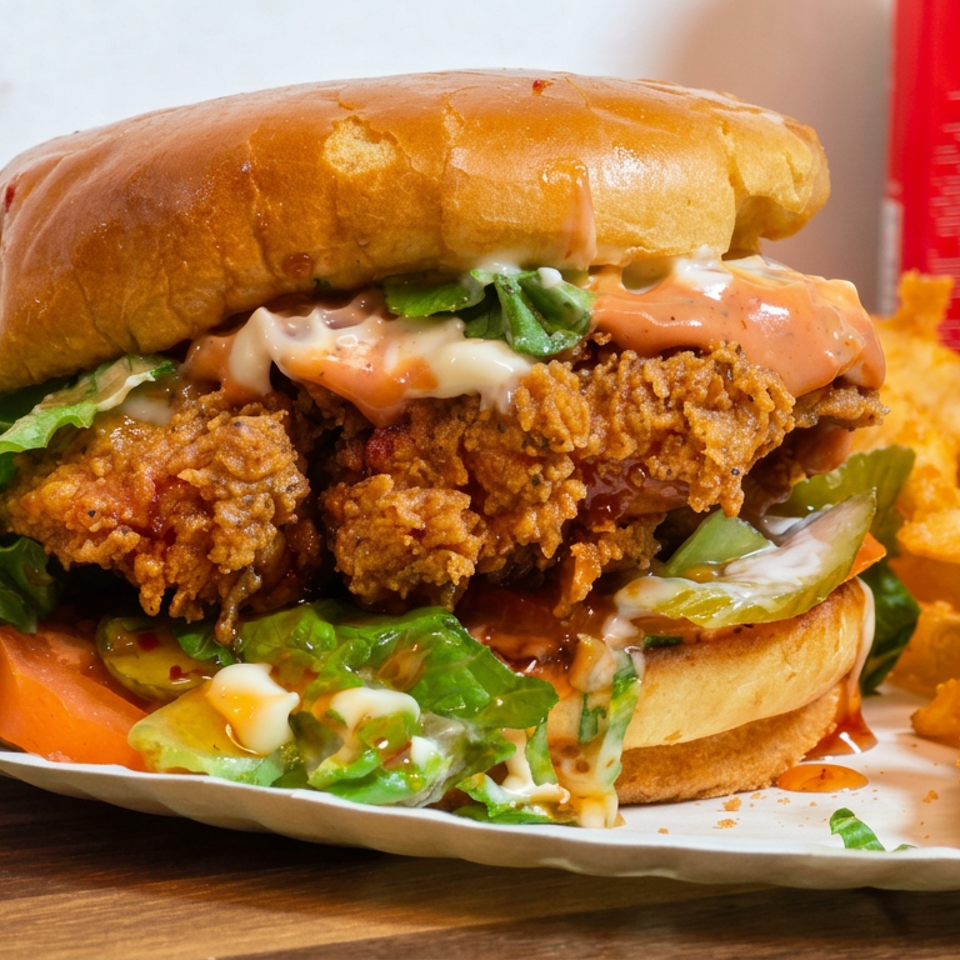 Crispy fried chicken burger with lettuce, tomato, pickles, and creamy sauce served alongside golden fries on a plate.