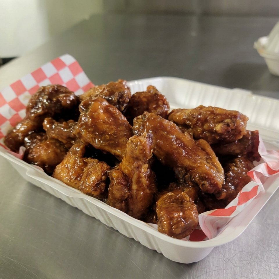 Takeout tray filled with glazed fried chicken wings on red-and-white checkered paper beside another container.