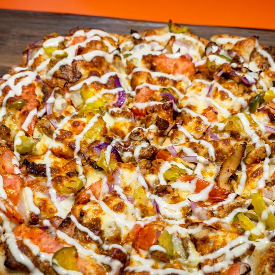Loaded pizza topped with melted cheese, tomatoes, green peppers, onions, sausage, and white sauce on a wooden table.